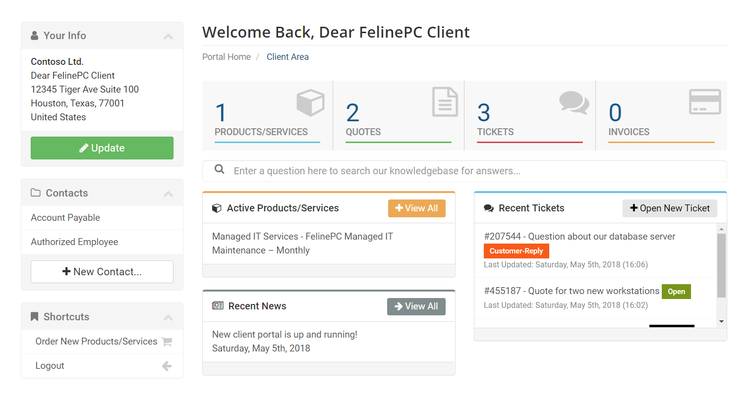 New FelinePC Client Portal Screenshot